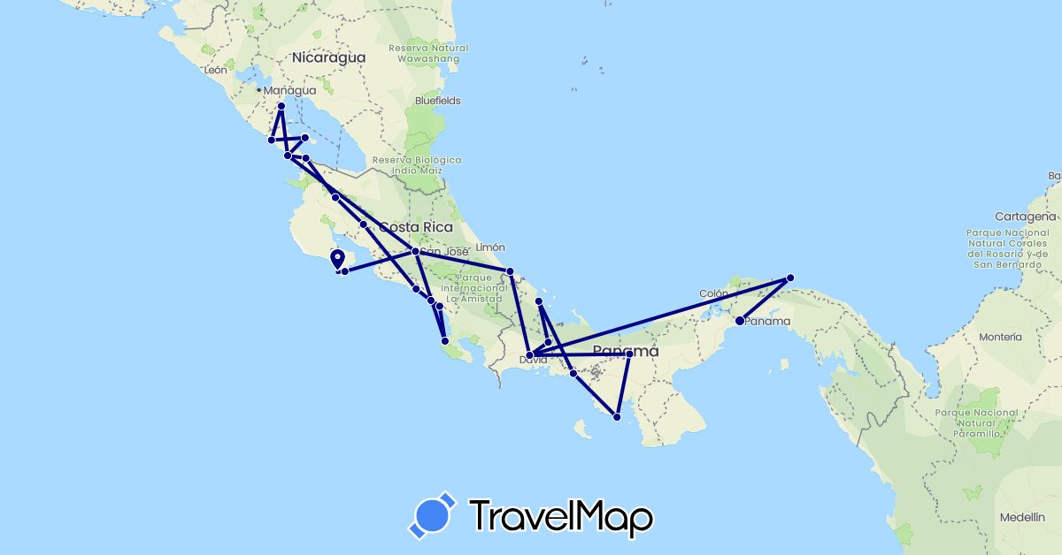 TravelMap itinerary: driving in Costa Rica, Nicaragua, Panama (North America)